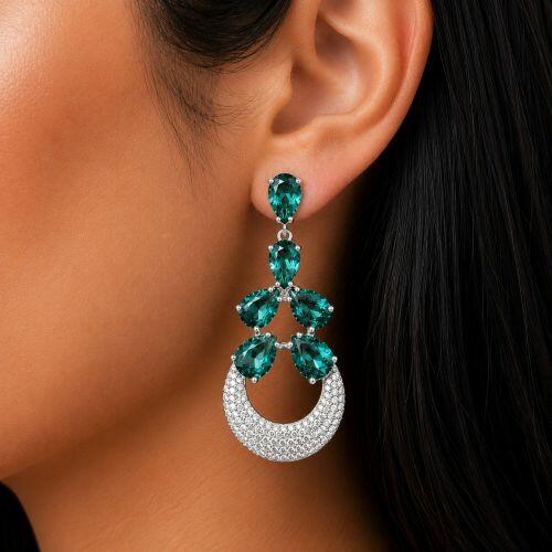 Brinco Luxury 6 Gotas Zirc�nia Turmalina e Cristal Banhado a Prata