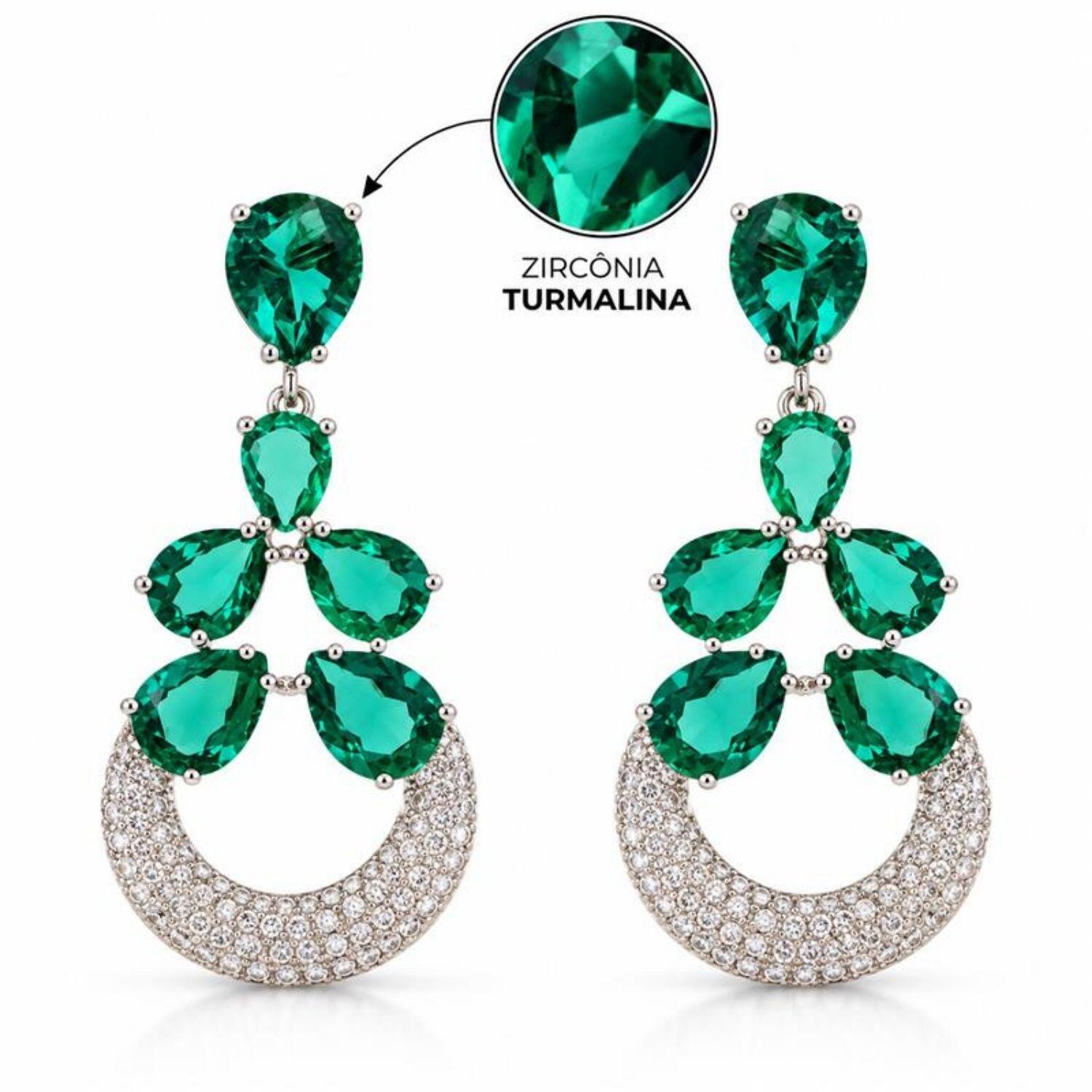 Brinco Luxury 6 Gotas Zircônia Turmalina e Cristal Banhado a Prata