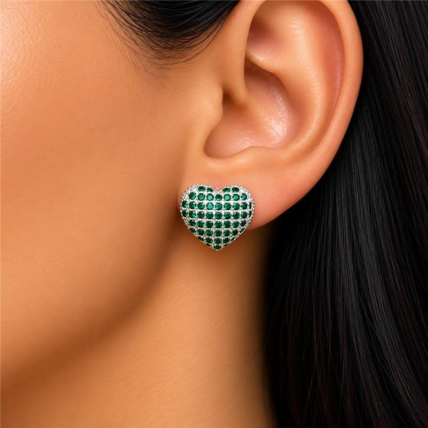 Brinco Argola Coração Micro Zircônia Esmeralda Banhado a Prata