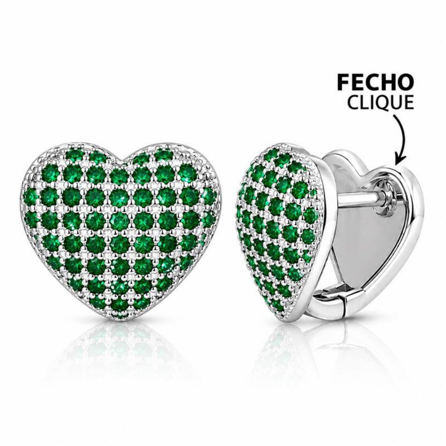 Brinco Argola Coração Micro Zircônia Esmeralda Banhado a Prata