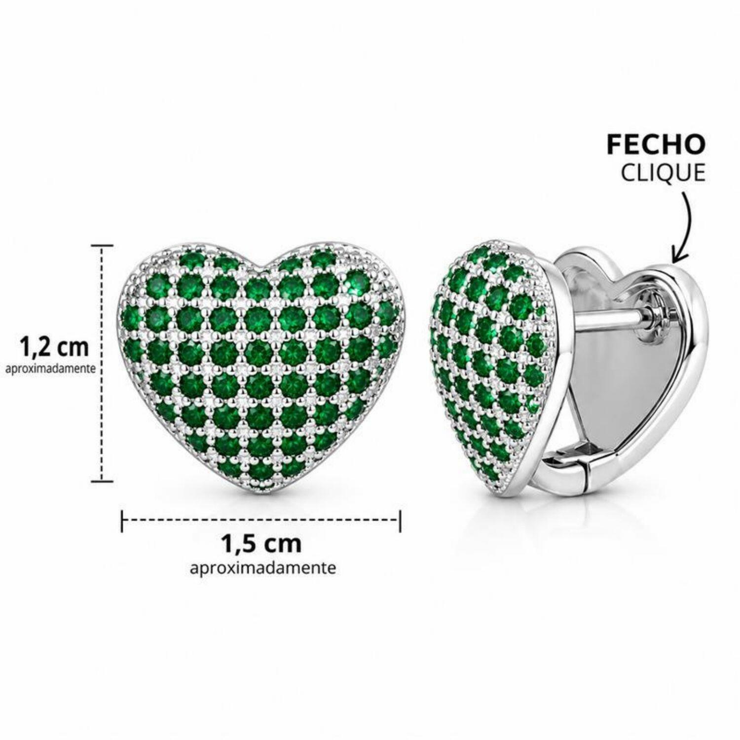 Brinco Argola Coração Micro Zircônia Esmeralda Banhado a Prata