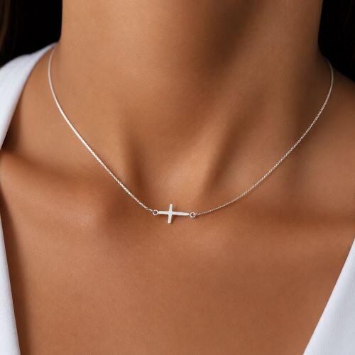 Choker Cruz Deitada Lisa Banhado a Prata