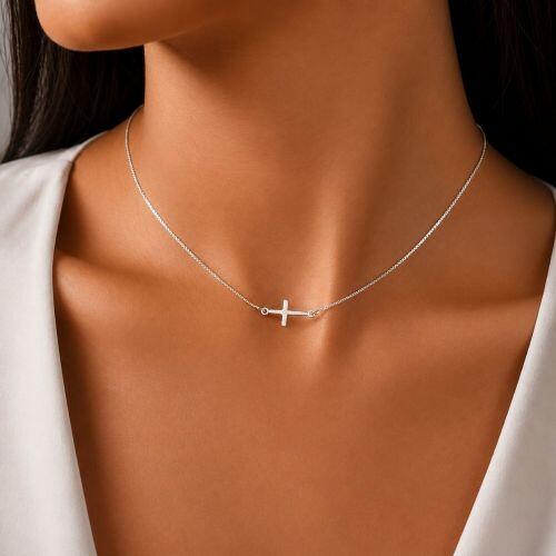 Choker Cruz Deitada Lisa Banhado a Prata