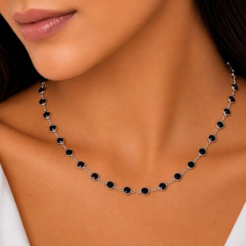 Colar Cristal Negro Redondo Banhado a Prata