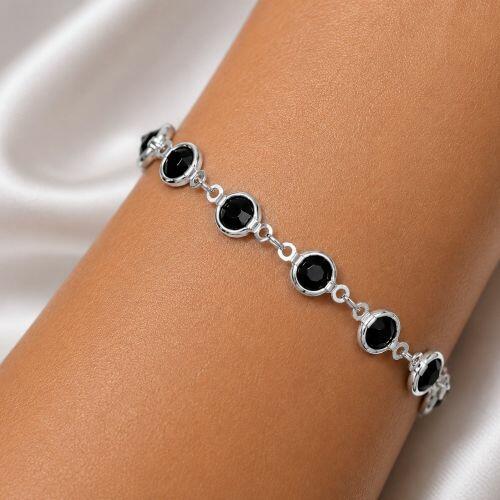 Pulseira Cristal Negra Redondo Banhado a Prata