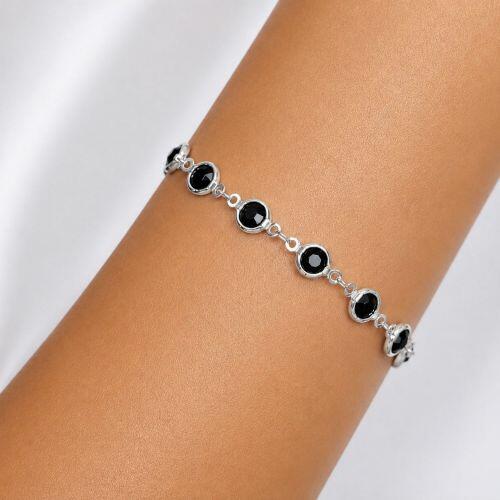 Pulseira Cristal Negra Redondo Banhado a Prata