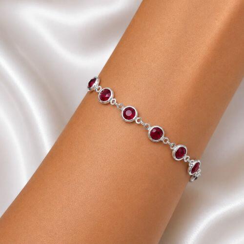 Pulseira Cristal Rubi Redondo Banhado a Prata