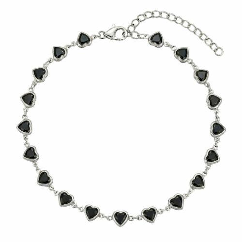 Pulseira Cora��es Cristal Negra Banhado a Prata