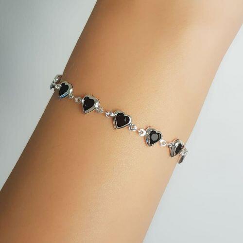 Pulseira Cora��es Cristal Negra Banhado a Prata