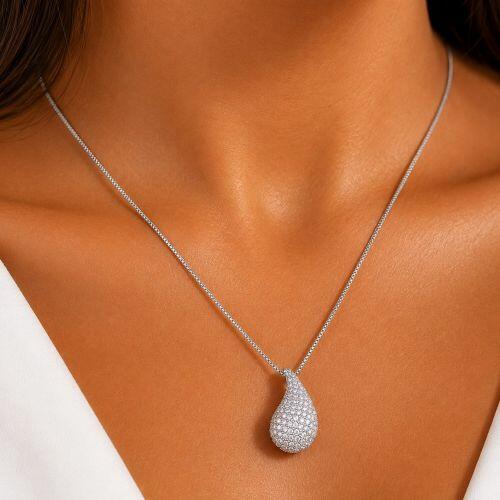 Colar Gota Bold Abaulada Micro Zirc�nia Cristal Banhado a Prata