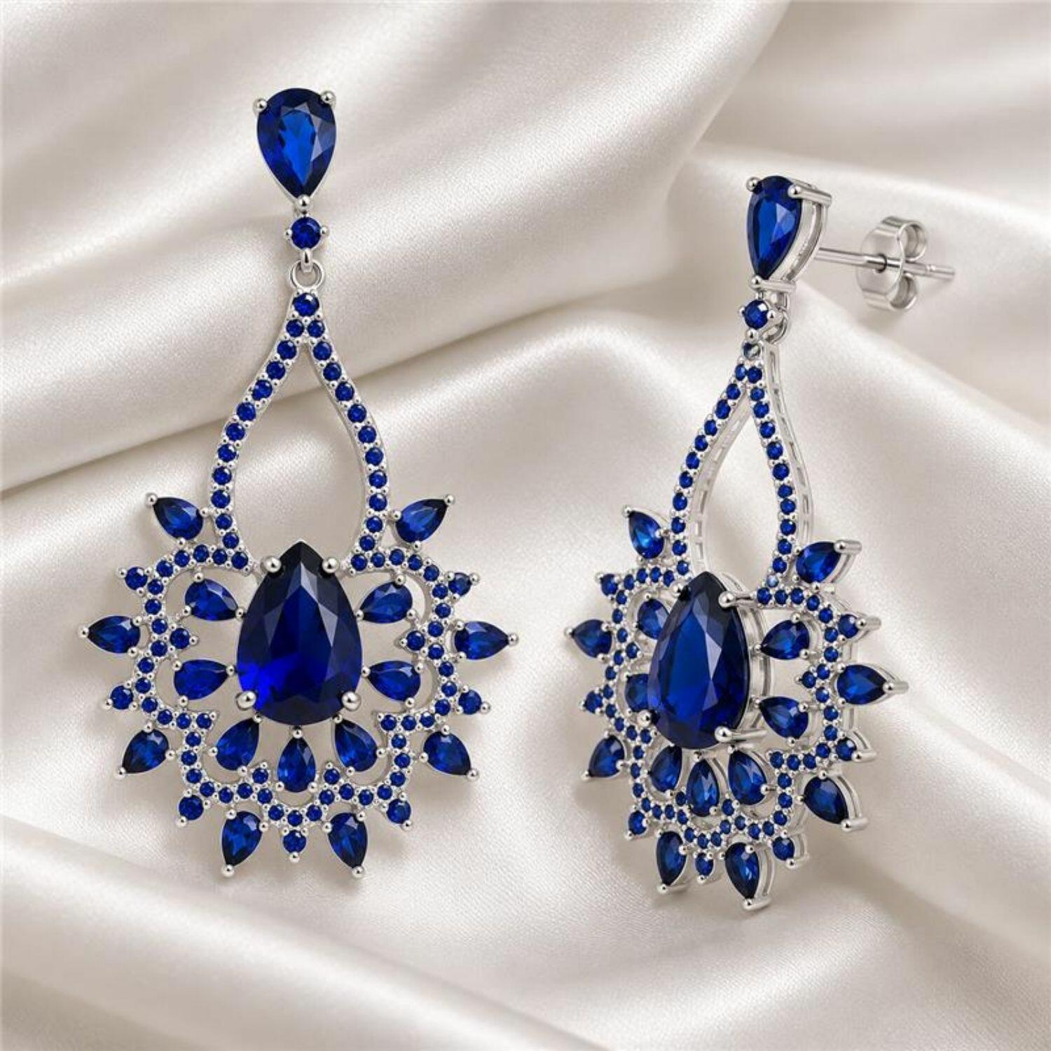 Brinco Luxury Gotas Zircônia Azul Safira Banhado a Prata