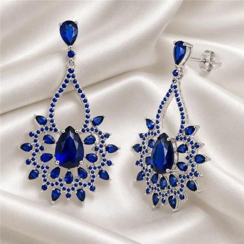 Brinco Luxury Gotas Zircônia Azul Safira Banhado a Prata
