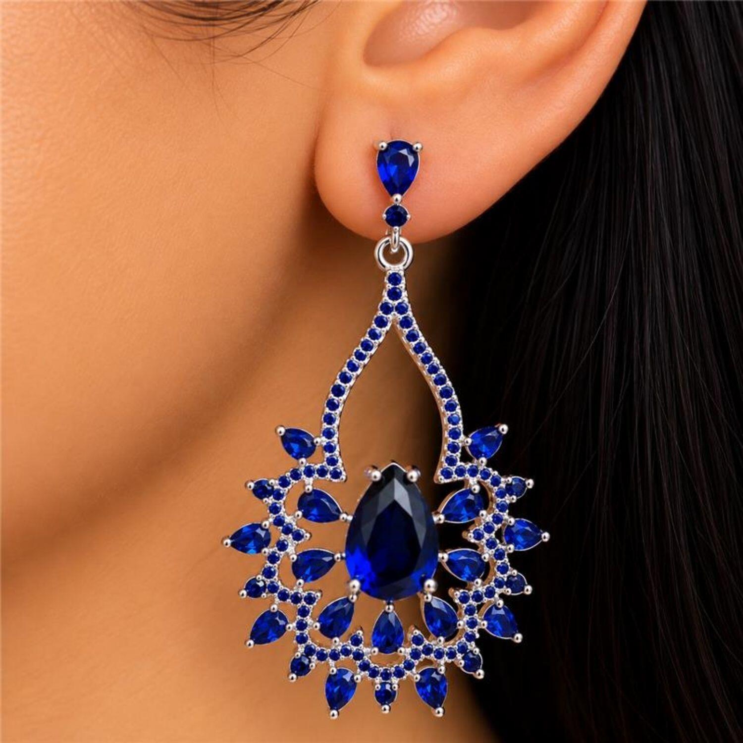 Brinco Luxury Gotas Zircônia Azul Safira Banhado a Prata