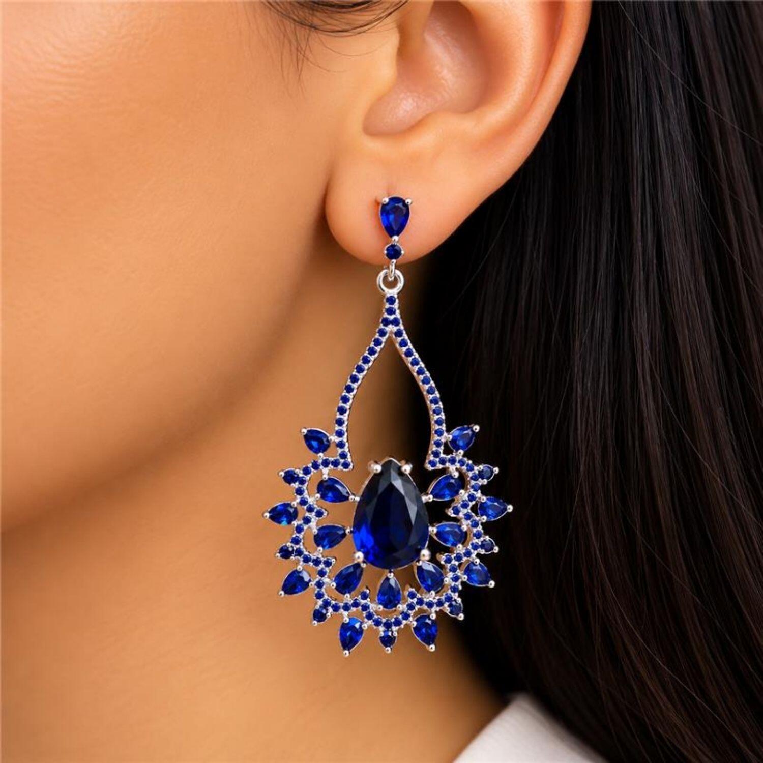 Brinco Luxury Gotas Zircônia Azul Safira Banhado a Prata