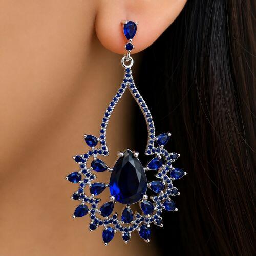 Brinco Luxury Gotas Zirc�nia Azul Safira Banhado a Prata