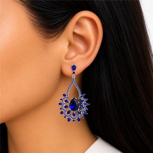 Brinco Luxury Gotas Zircônia Azul Safira Banhado a Prata