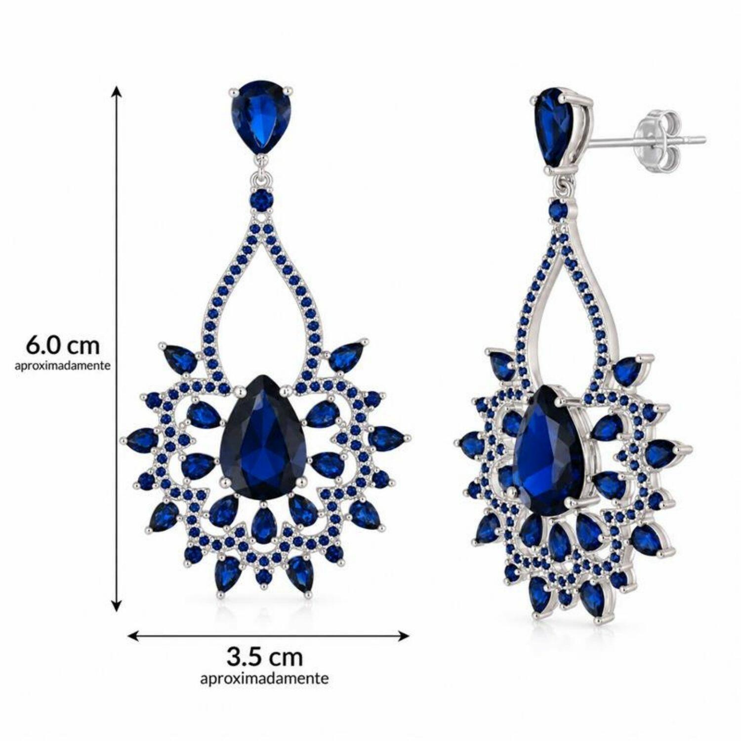 Brinco Luxury Gotas Zircônia Azul Safira Banhado a Prata