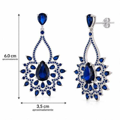 Brinco Luxury Gotas Zircônia Azul Safira Banhado a Prata