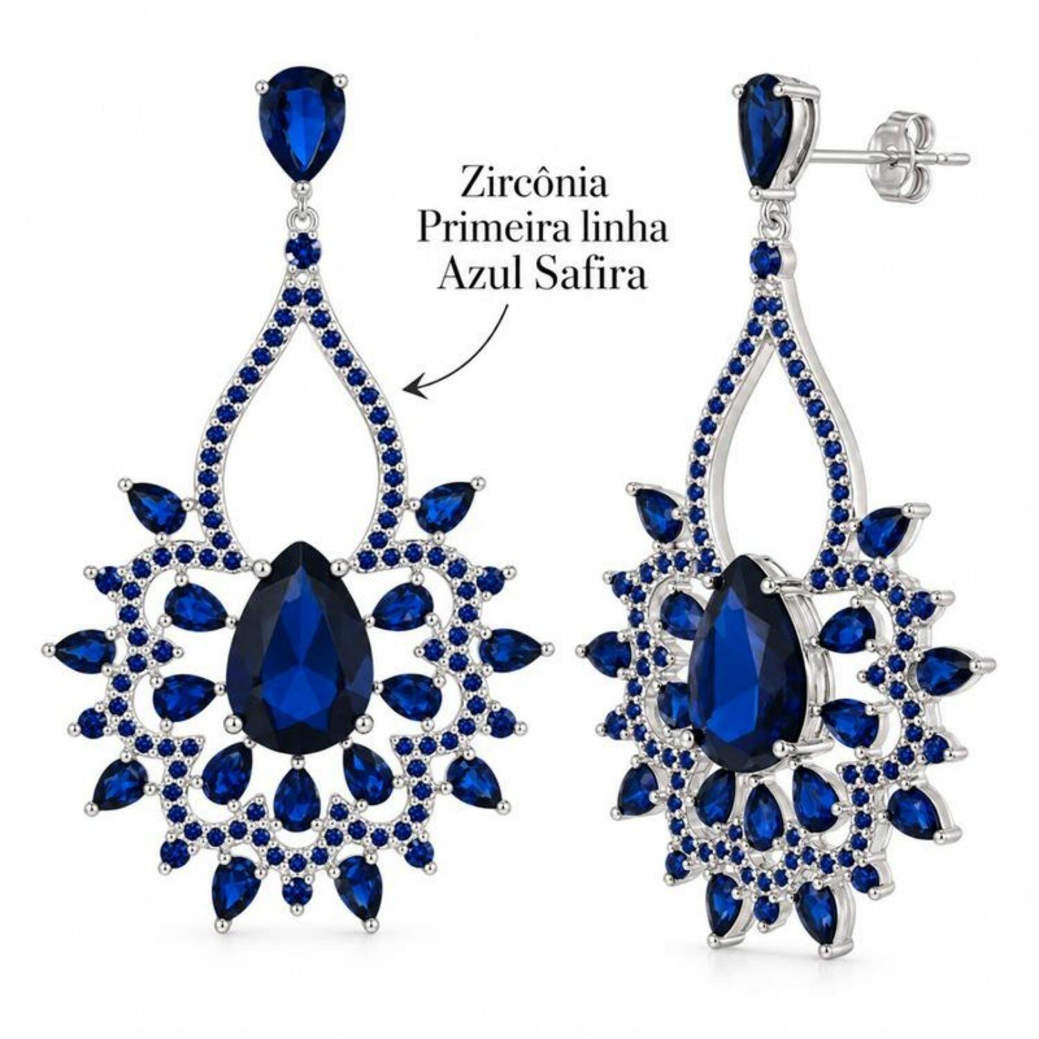 Brinco Luxury Gotas Zircônia Azul Safira Banhado a Prata