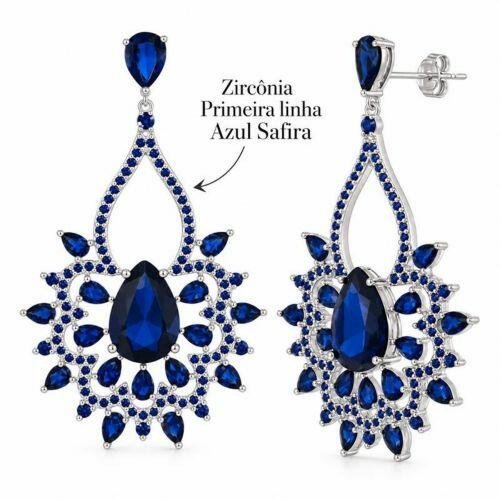 Brinco Luxury Gotas Zircônia Azul Safira Banhado a Prata