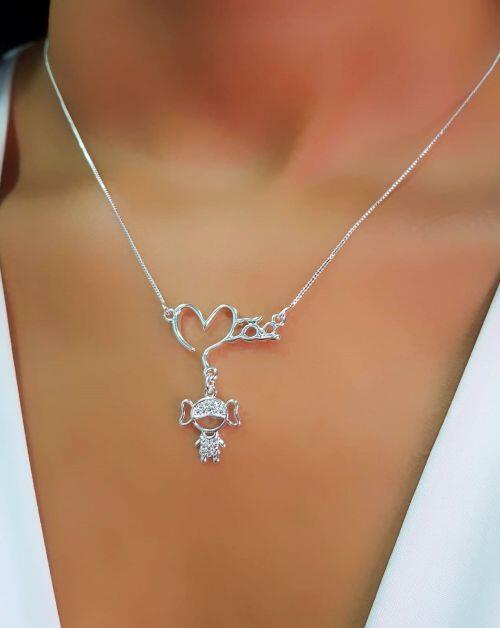 Colar M�e com Filho Menina Zirc�nia Cristal Banhado a Prata