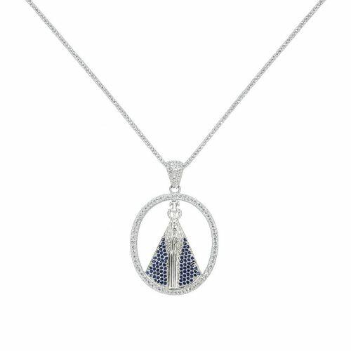 Colar Mandala com Nossa Senhora Aparecida Zircônia Azul e Cristal Banhado a Prata