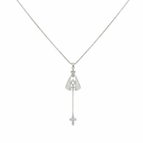 Colar Gravatinha Nossa Senhora com Cruz Zircônia Cristal Banhado a Prata