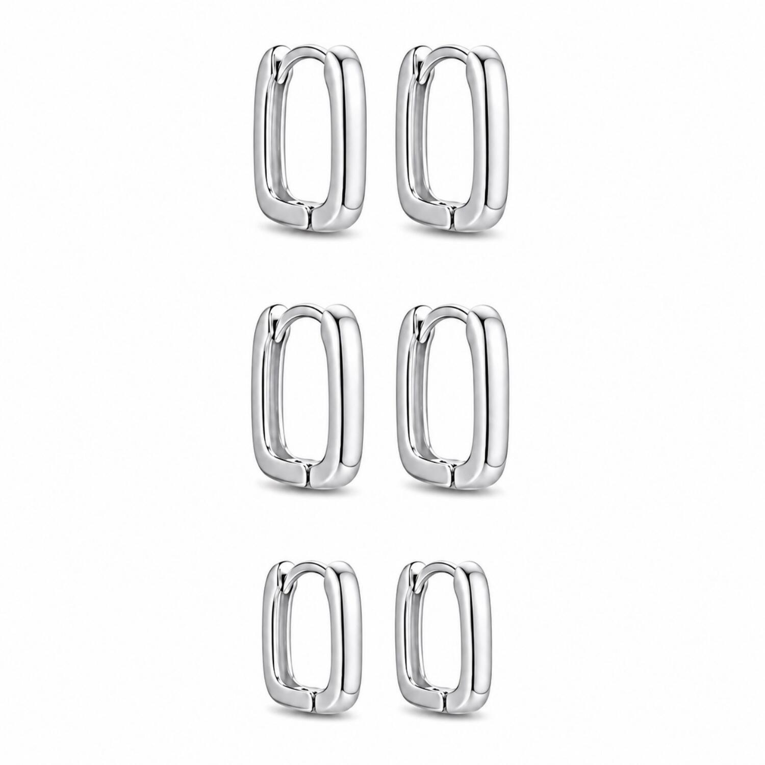Brinco Trio Argola Retangular Liso Banhado a Prata