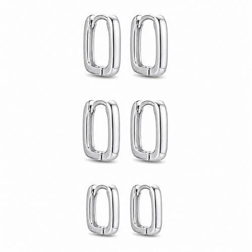 Brinco Trio Argola Retangular Liso Banhado a Prata