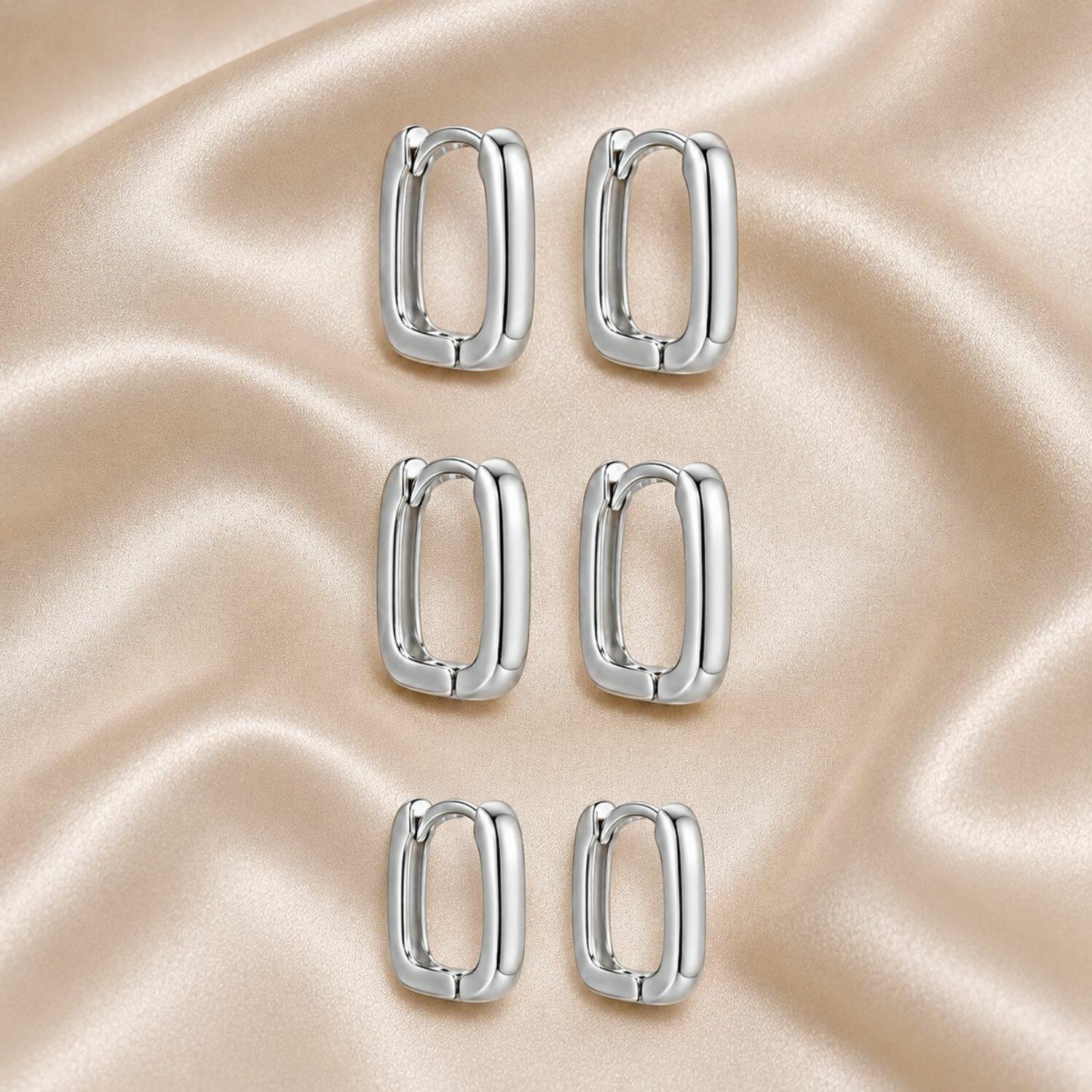 Brinco Trio Argola Retangular Liso Banhado a Prata