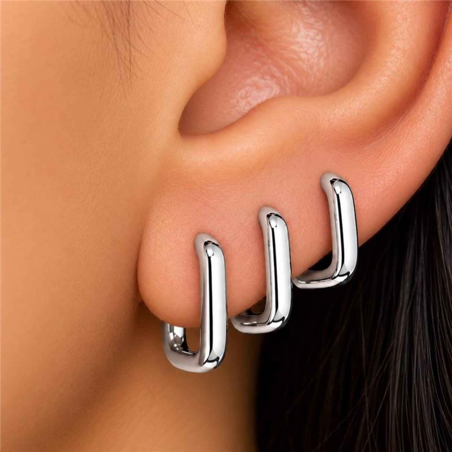 Brinco Trio Argola Retangular Liso Banhado a Prata
