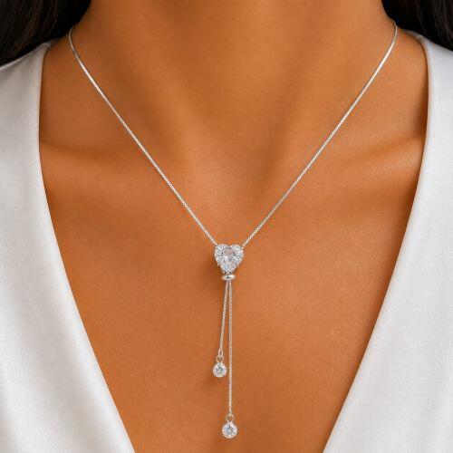Colar Gravatinha Regul�vel Cora��o Zirc�nia Cristal Banhado a Prata