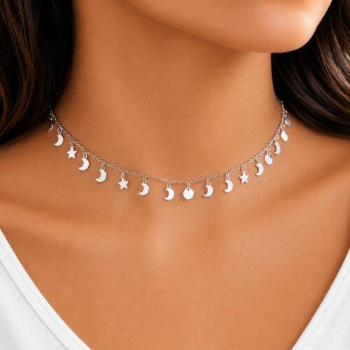 Choker Luas com Estrelas Liso Banhado a Prata