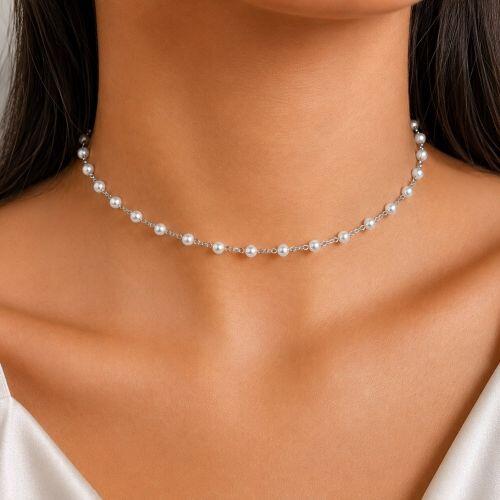 Choker Mini Bolinha em Pérola Banhado a Prata
