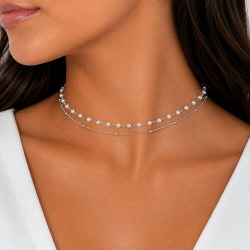 Choker Duplo 2 Fios P�rola com Bolinha Lisa Banhado a Prata