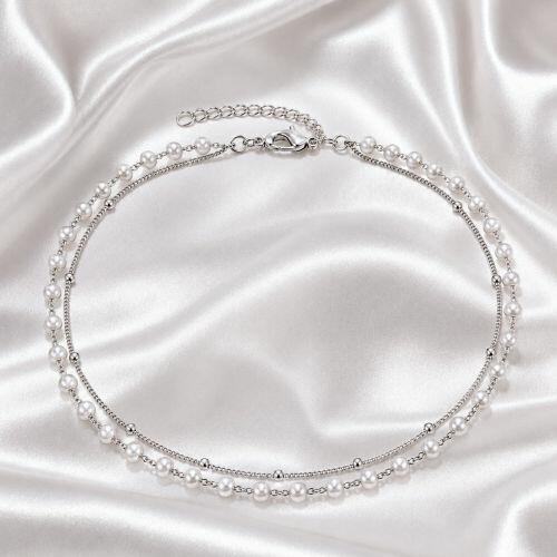 Choker Duplo 2 Fios P�rola com Bolinha Lisa Banhado a Prata