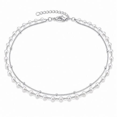 Choker Duplo 2 Fios P�rola com Bolinha Lisa Banhado a Prata