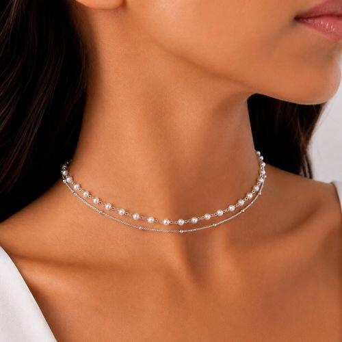 Choker Duplo 2 Fios P�rola com Bolinha Lisa Banhado a Prata