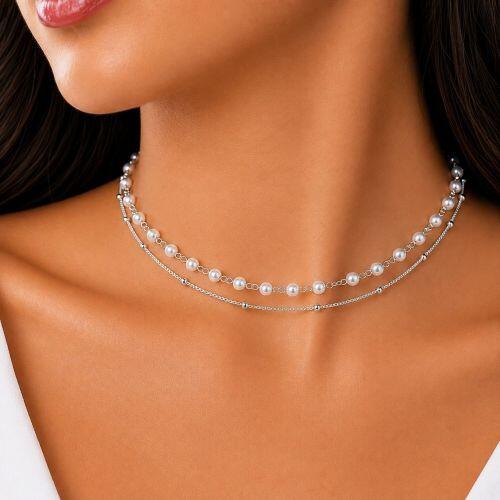 Choker Duplo 2 Fios P�rola com Bolinha Lisa Banhado a Prata