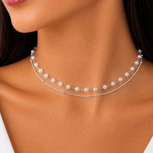 Choker Duplo 2 Fios P�rola com Bolinha Lisa Banhado a Prata