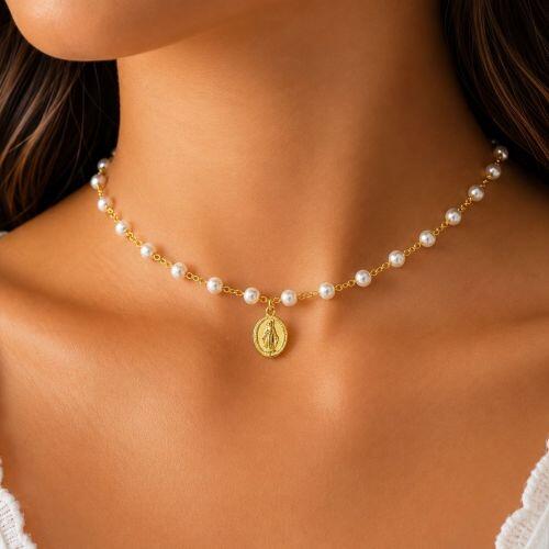 Choker Pérola com Nossa Senhora Milagrosa Banhado a Ouro