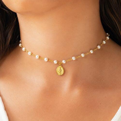 Choker Pérola com Nossa Senhora Milagrosa Banhado a Ouro