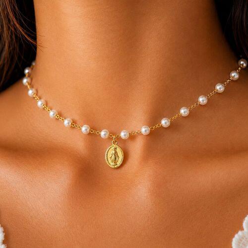 Choker P�rola com Nossa Senhora Milagrosa Banhado a Ouro