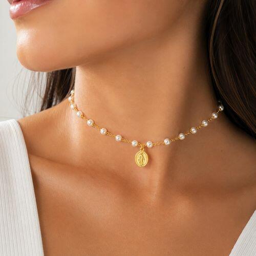 Choker Pérola com Nossa Senhora Milagrosa Banhado a Ouro