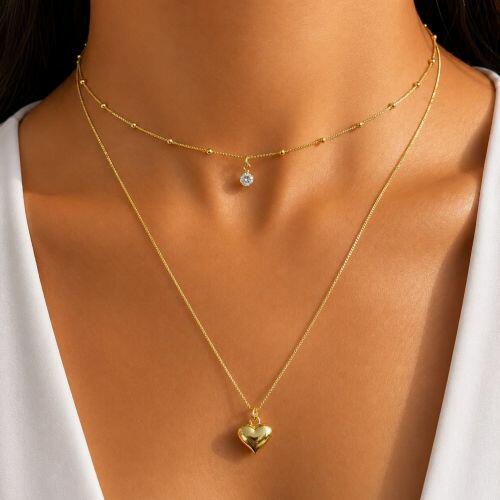 Choker Dupla Bola e Ponto de Luz com Cora��o Liso Banhado a Ouro
