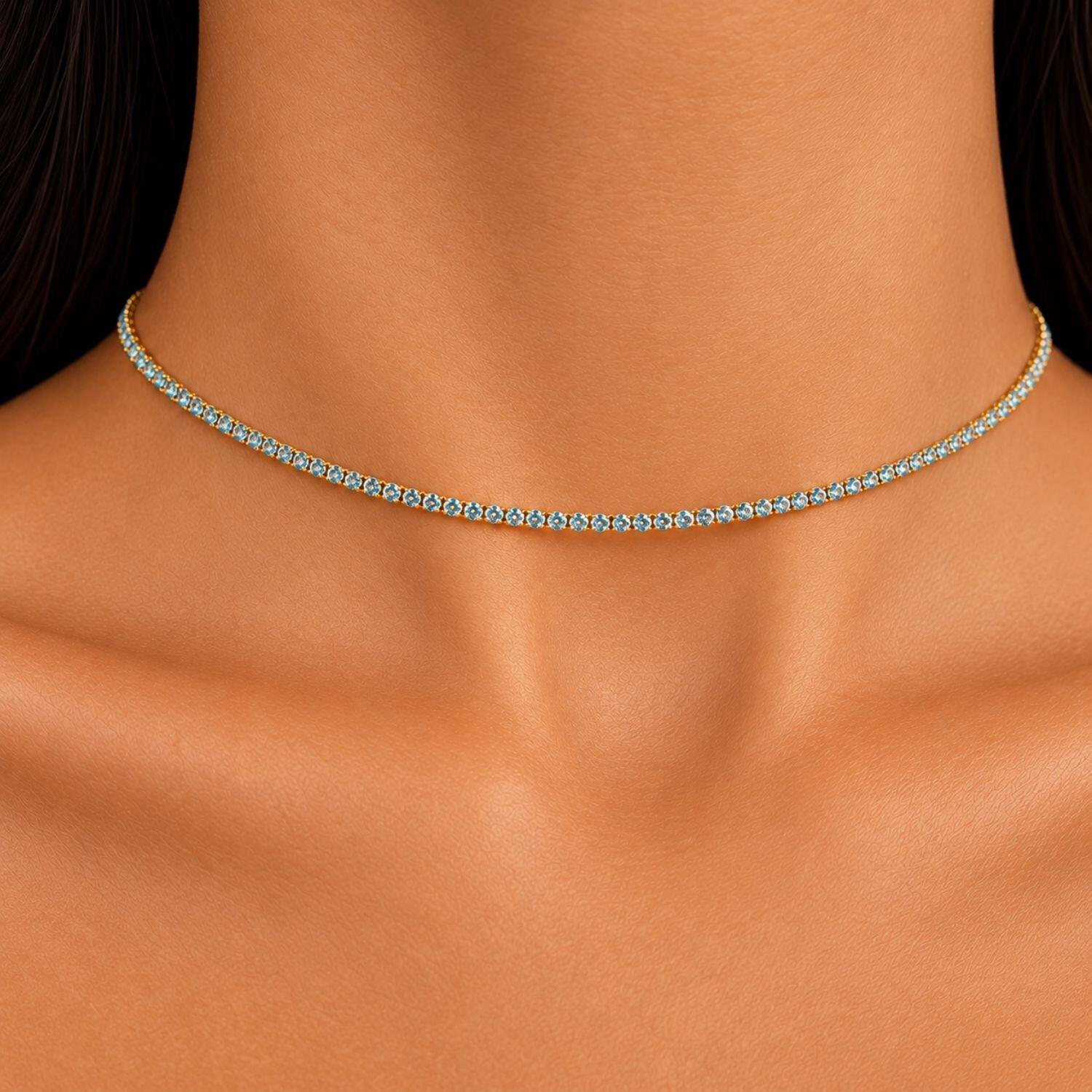 Choker Riviera Zircônia Acqua Marinha Banhado a Ouro