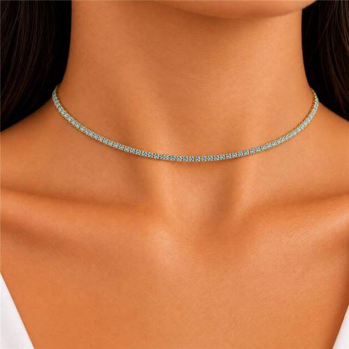 Choker Riviera Zircônia Acqua Marinha Banhado a Ouro