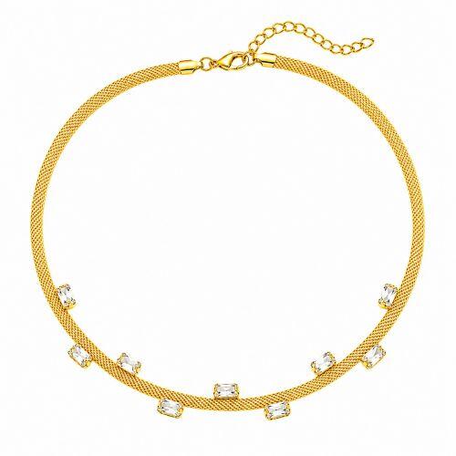 Choker Laminada com Detalhes e Baguette Zirc�nia Cristal Banhado a Ouro