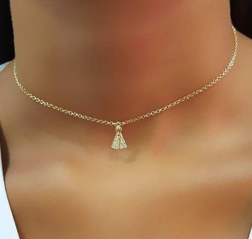 Choker Elo Portugu�s com Nossa Senhora Aparecida Zirc�nia Cristal Banhado a Ouro