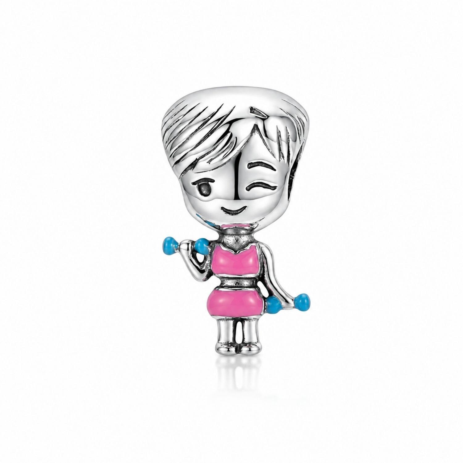 Berloque Menina Treinando Resina Rosa Aço Inox